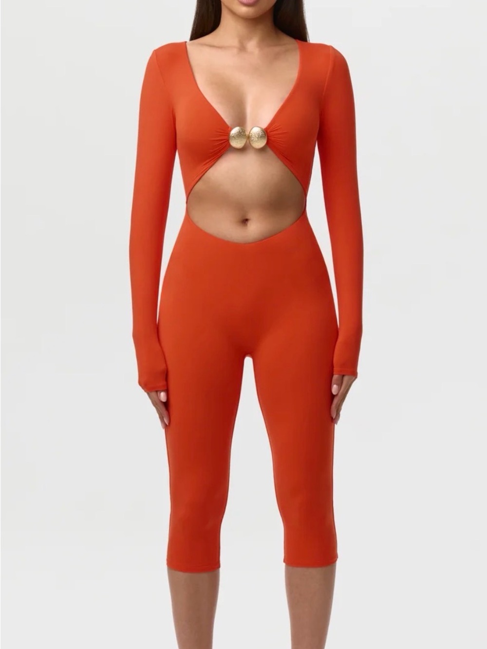naked wardrobe Orange Long-Sleeve Cutout Jumpsuit with Gold Accent